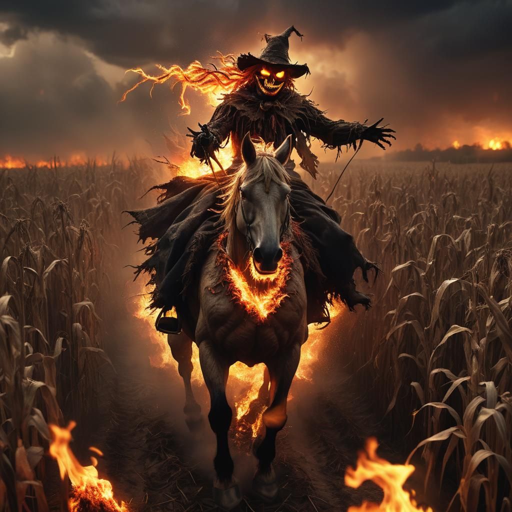 Blazing Scarecrow Rides Demonic Horse in Fiery Cornfield