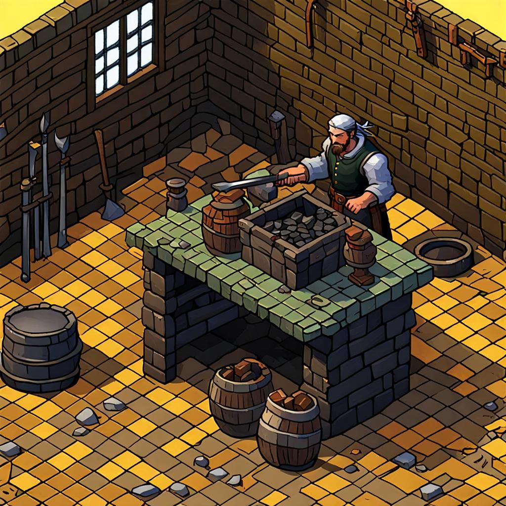 Hurming Farwick in his blacksmith shop in Aridell. He is hurming silver and steel into mythril alloy, a technique he inv...