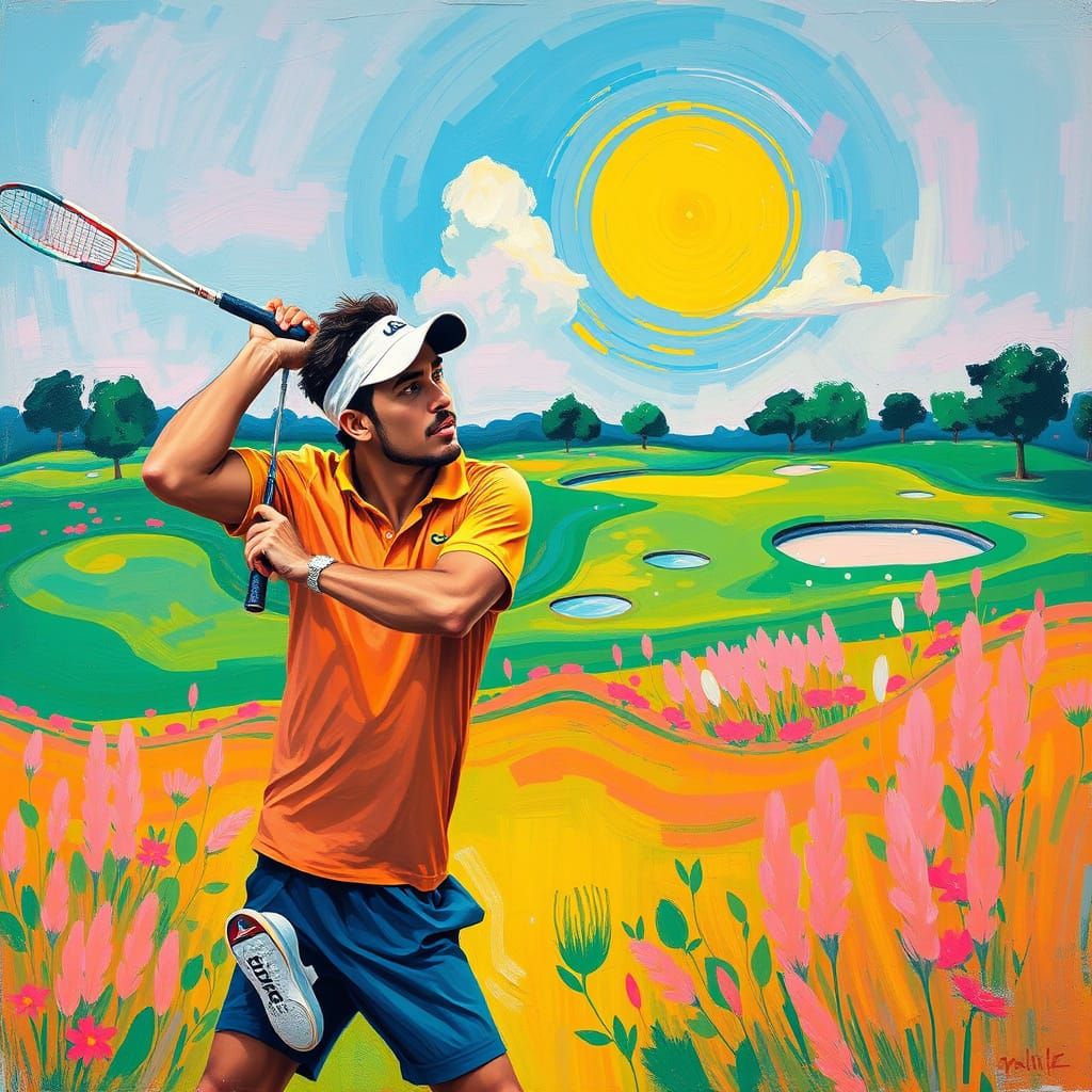 Tennis Player on Golf Course in Neo-Impressionist Style