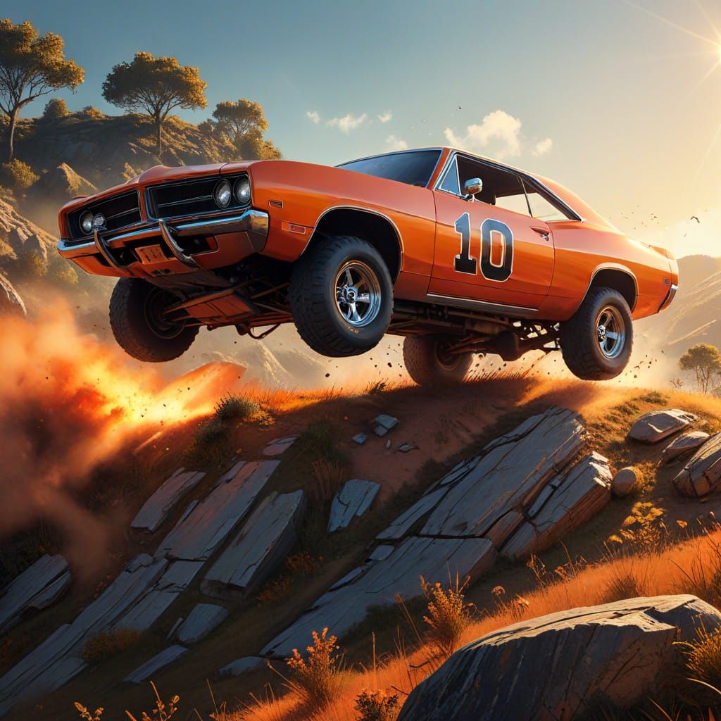 General Lee Car Jump in Comic Book Style