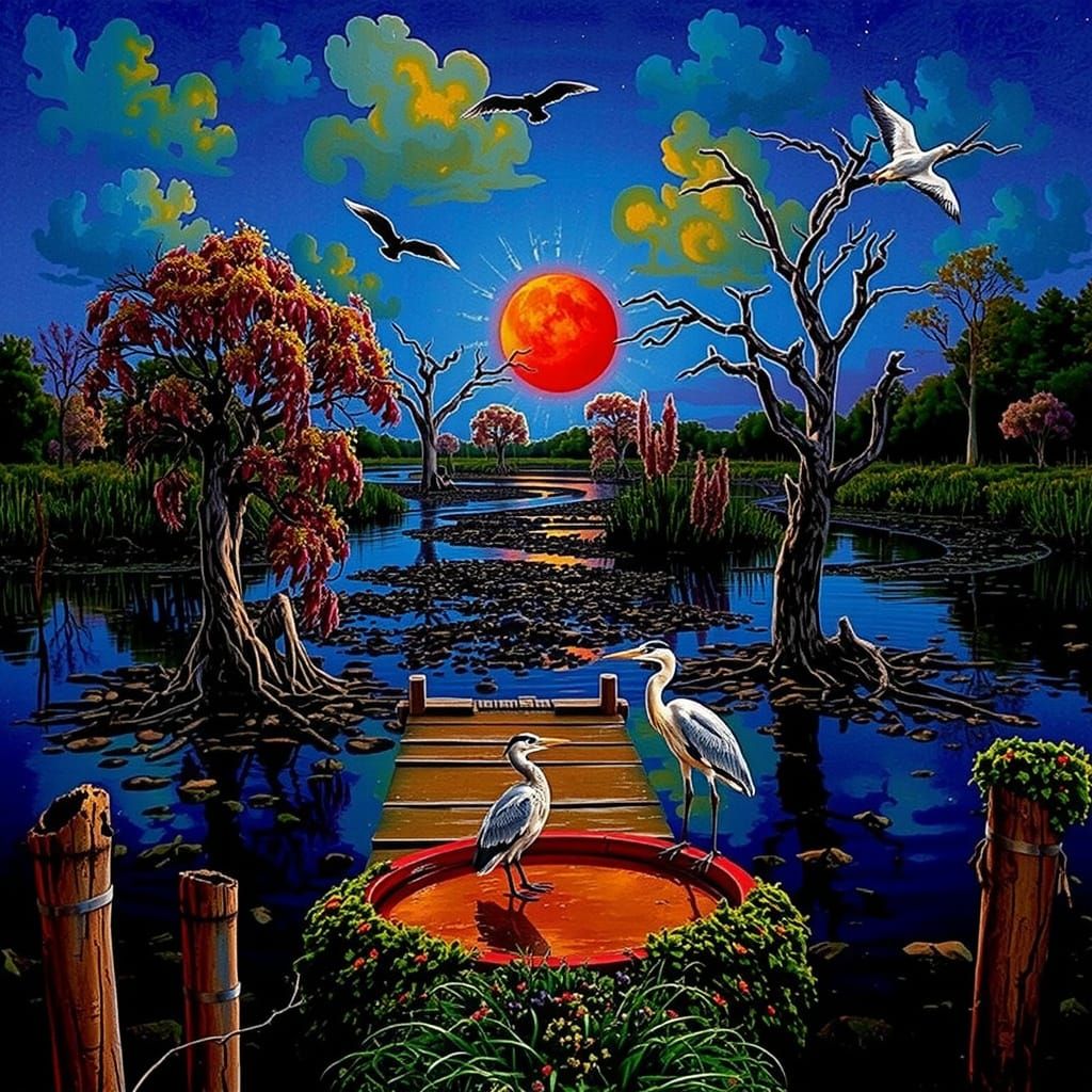 Dreamlike River Delta at Sunset with Heron