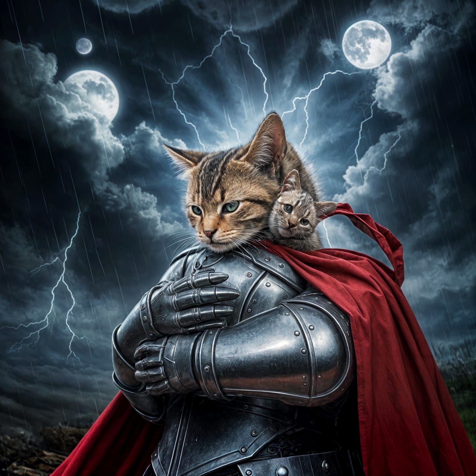 Medieval Knight Cradles Furry Storm Survivor