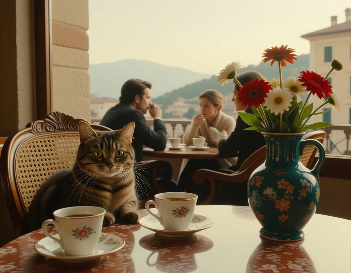 Cat in an Italian Cafe: Wes Anderson Style