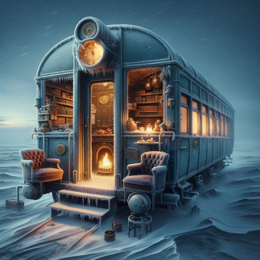 Warm Train Cabin on Icy Tundra in Magical Realism Style