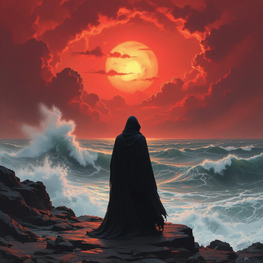 Eerie Silhouette Over Fiery Sea in Gothic Horror Style