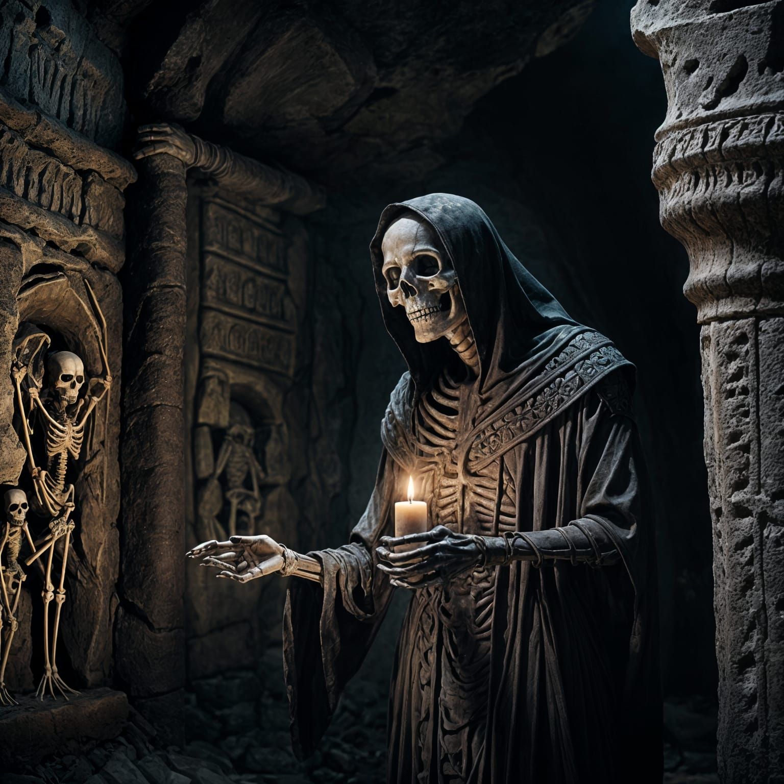 Shadowy Skeletal Figure Draining Life in Mausoleum