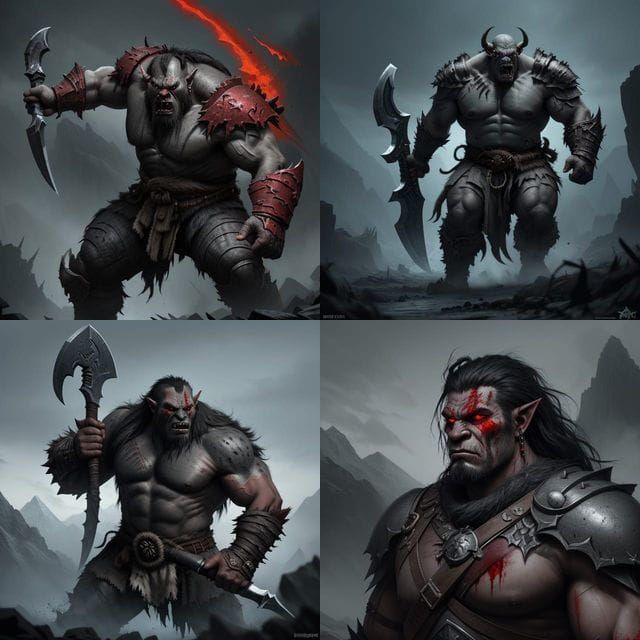 Giant Grey Orc Barbarian With Greataxe In Rage Fantasy Art