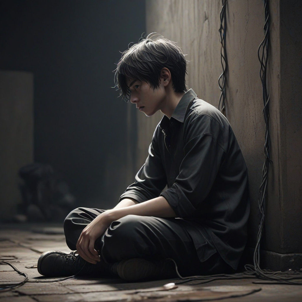 A Young Boy Overwhelmed by Darkness and Despair