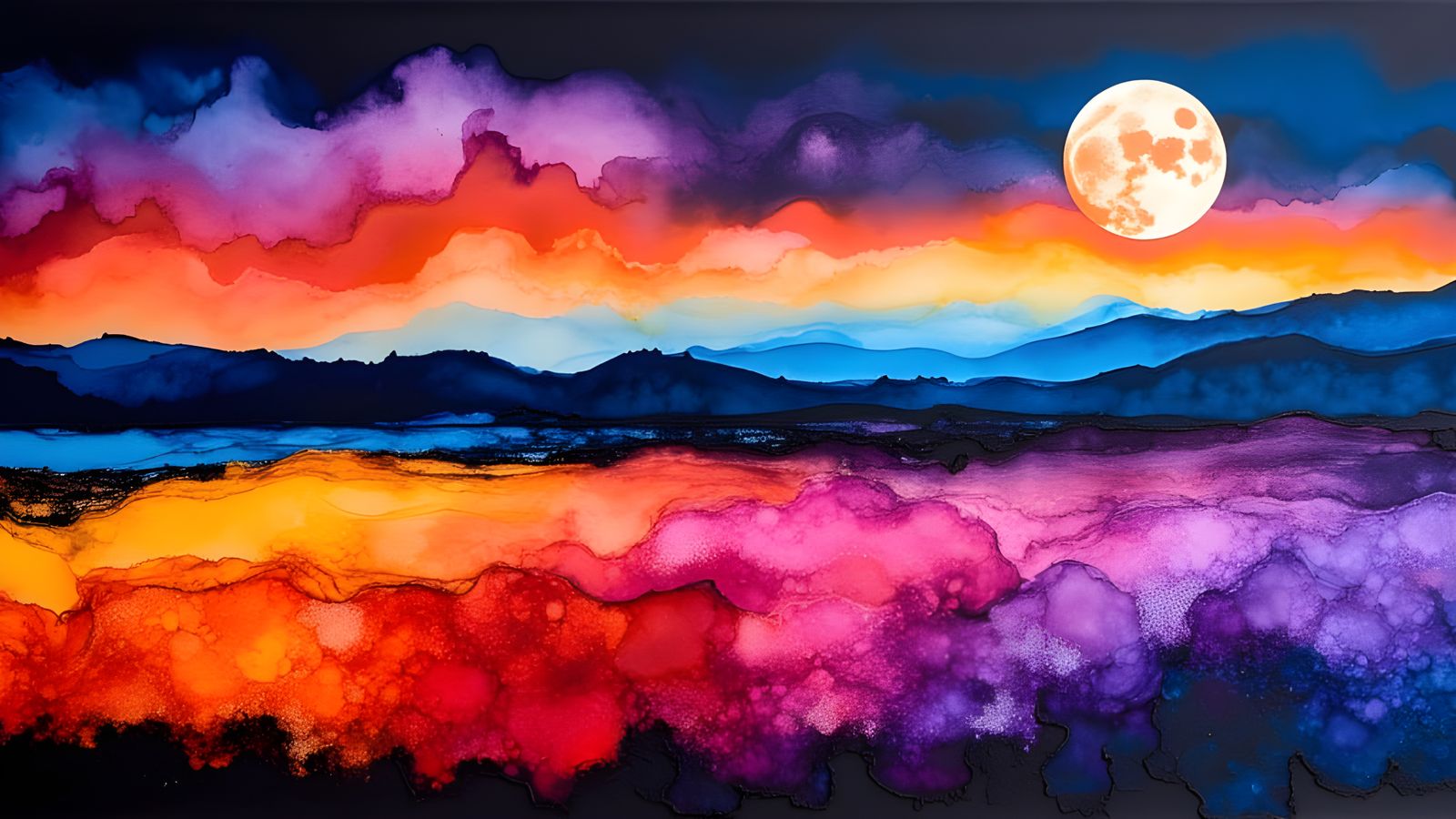 Colorfield Painting of Lilac Moon Over Lava Landscape