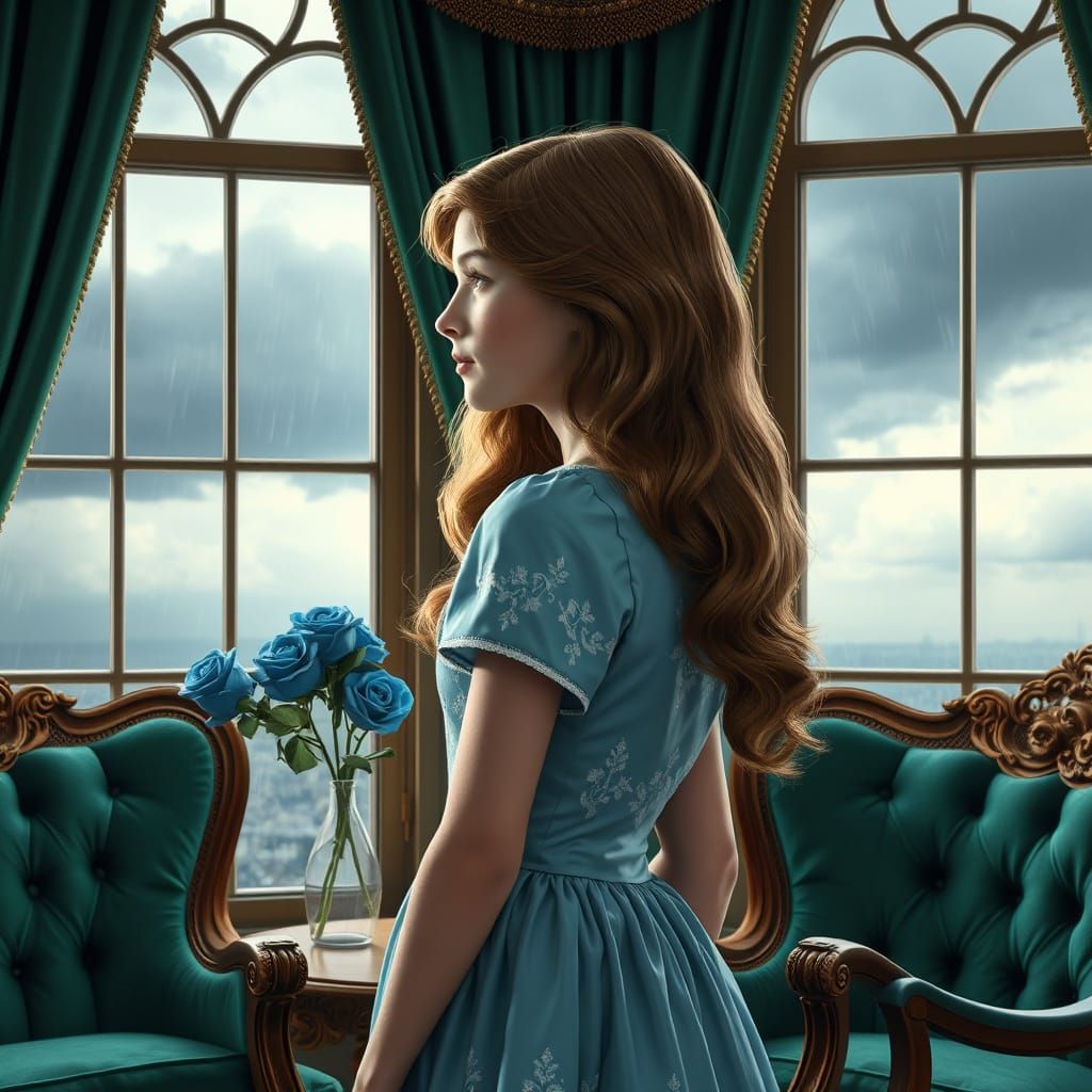 Young Wendy Darling in a Whimsical Emerald-Green Parlor