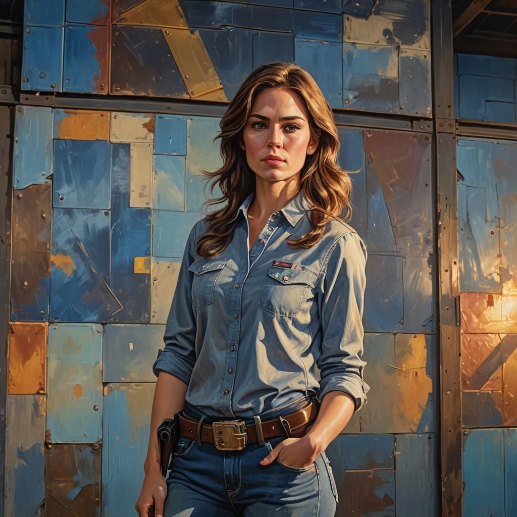 Woman on Gun Range in Detailed Oil Painting