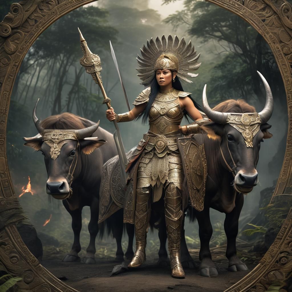 Filipina Warrior Princess on Carabao in Fantasy Landscape