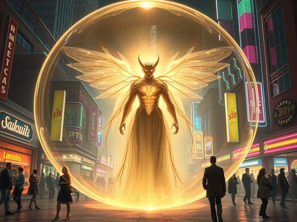 Sepia Spectre: Surreal Supervillain in Glowing Bubble