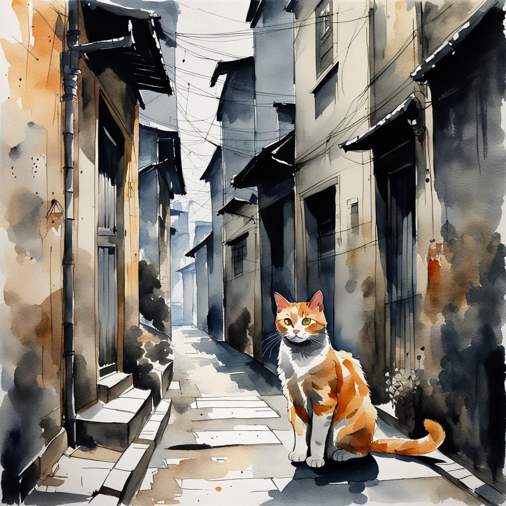 Ginger Cat in Alleyway, Expressive Watercolor
