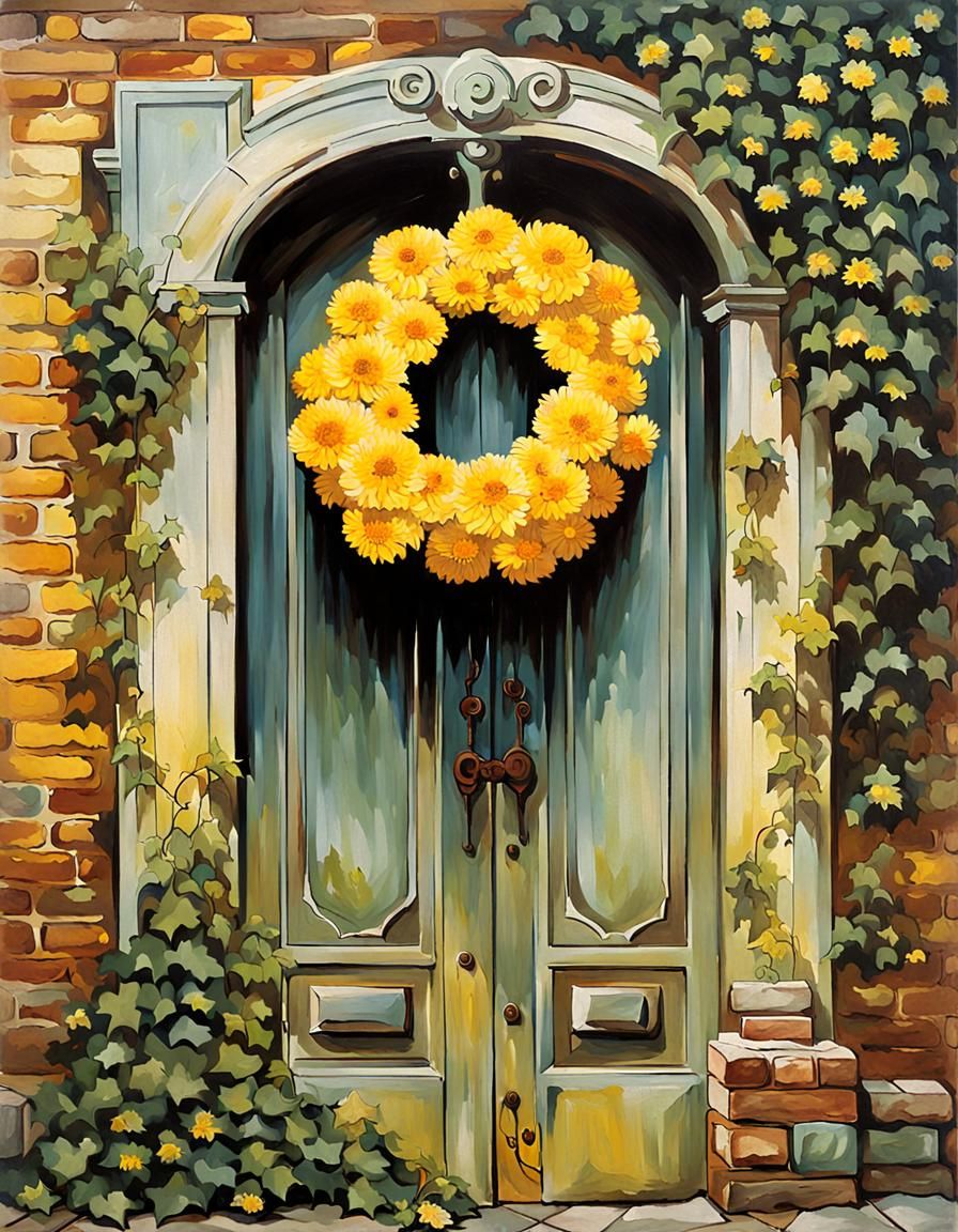 Art Nouveau Wreath of Yellow Chrysanthemums