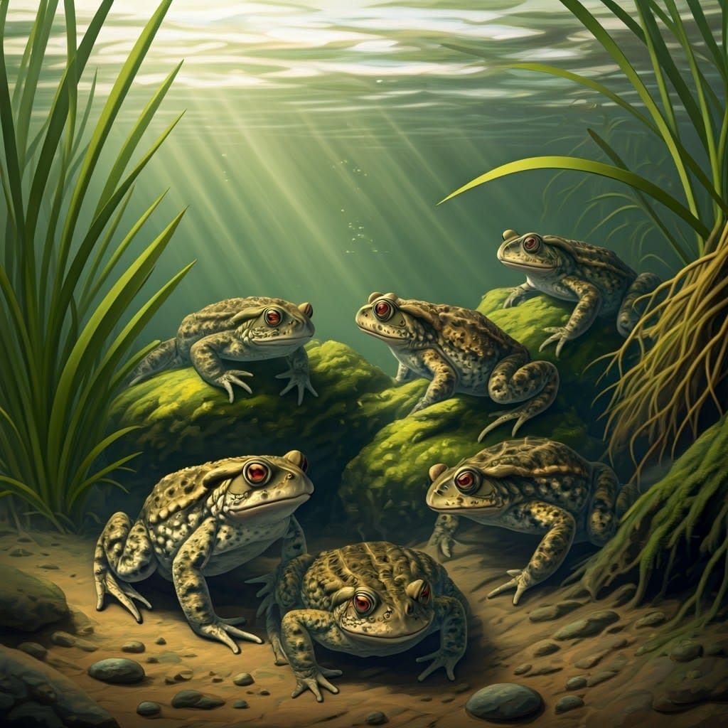 Toads Amidst Algae Covered Rocks in Murky Swamp Waters