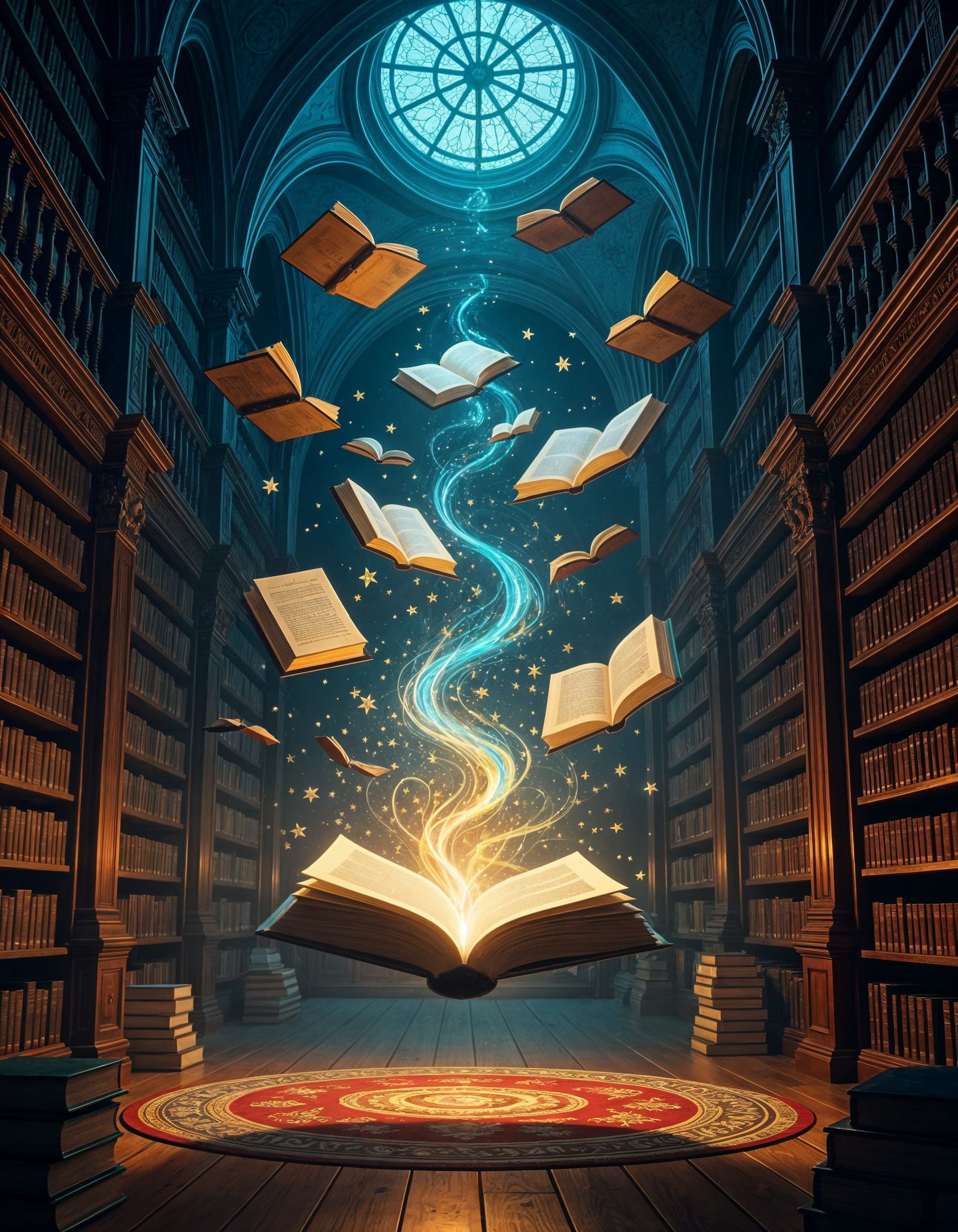 Enchanted Books Fly in Hyperdetailed Reading Room