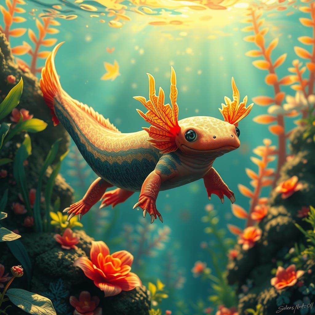 Axolotl in Whimsical Underwater Scene