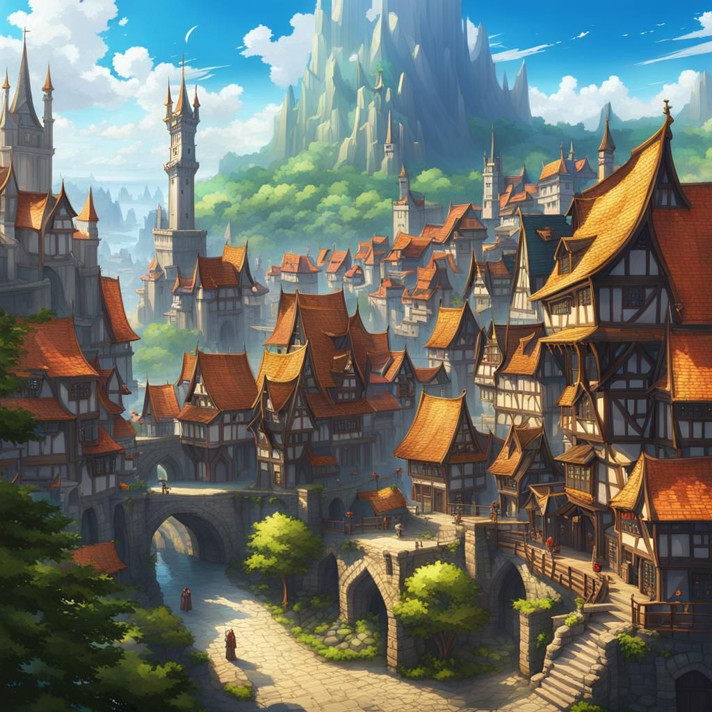 Medieval Isekai City with Futuristic Elements