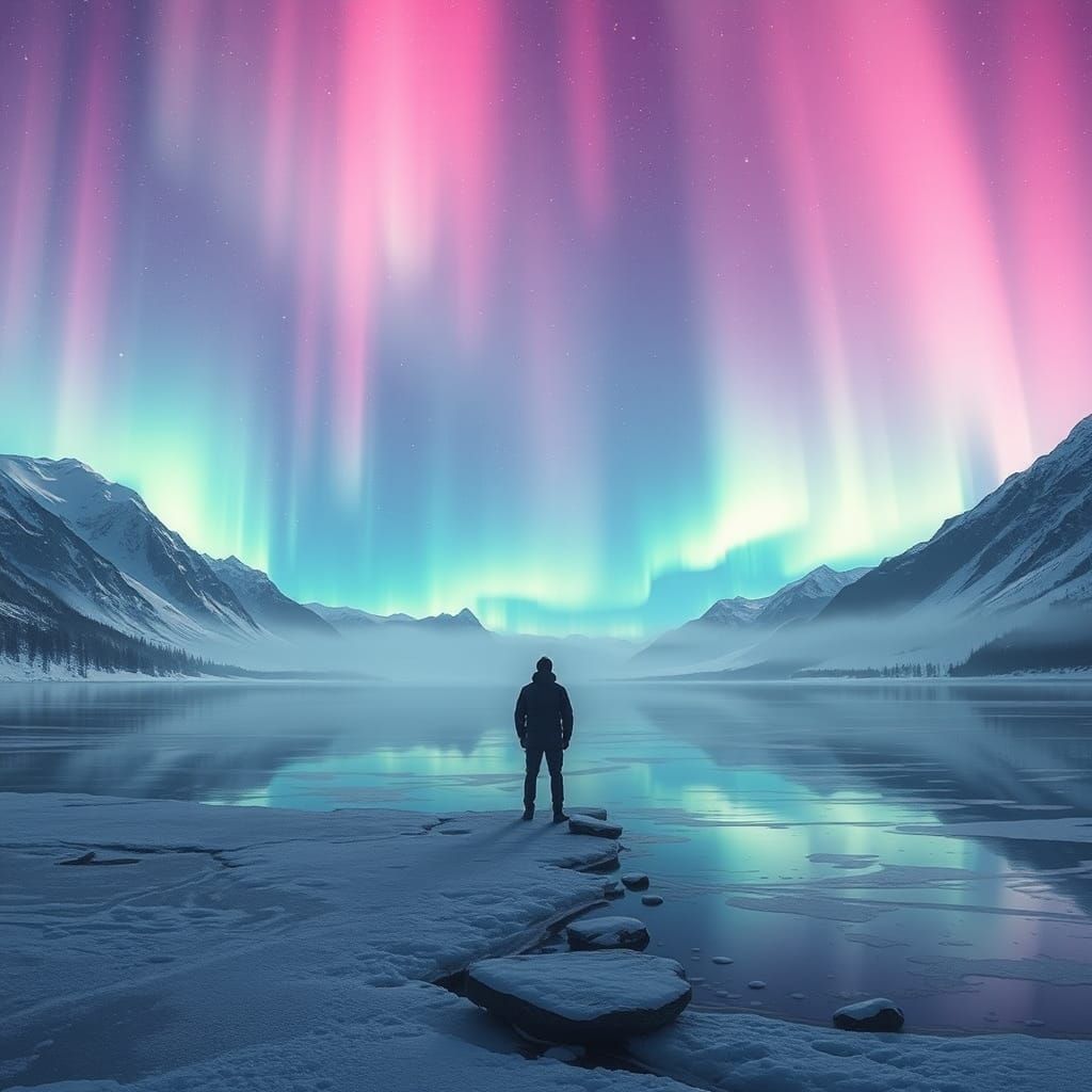 Aurora Borealis Over Frozen Lake: Fantasy Matte Painting