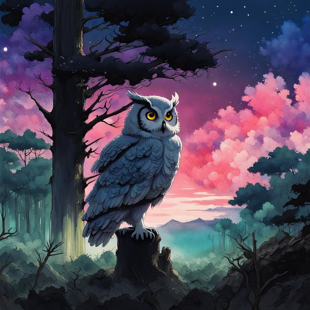 Fluffy Owl in Midnight Forest, Anime Style