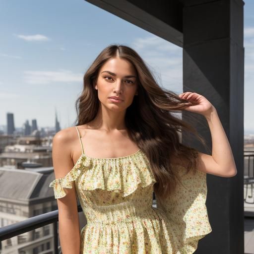 Fashion Model Evokes Mona Lisa on Rooftop Terrace