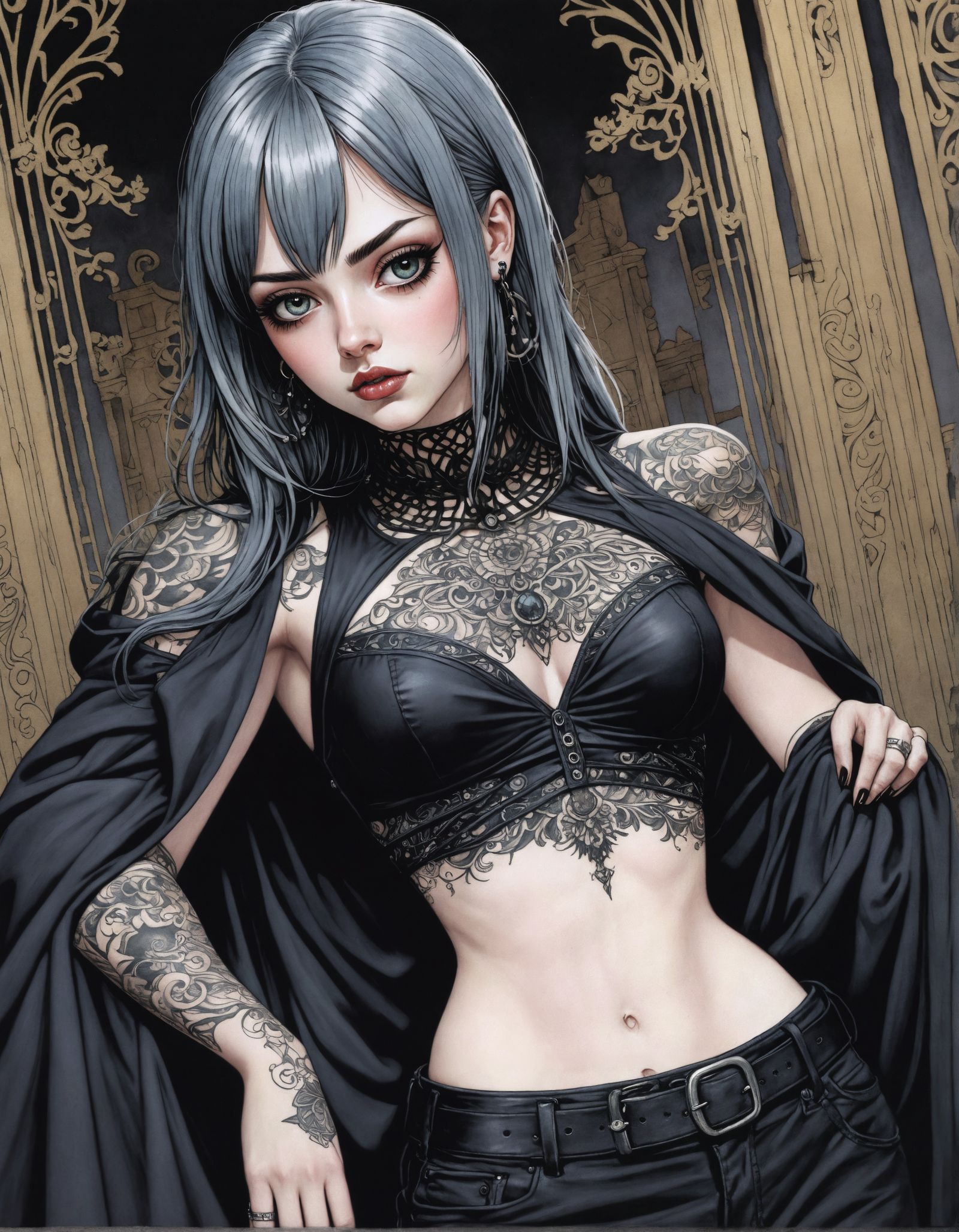 Pale Goth Girl with Tattoos in Detailed Art Style