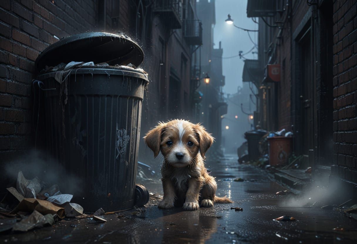 Cute Homeless Puppy in Rainy Alley