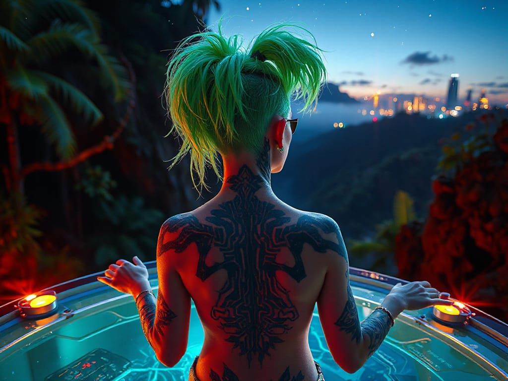 Punk with Neon Tattoos in Tropical Jungle