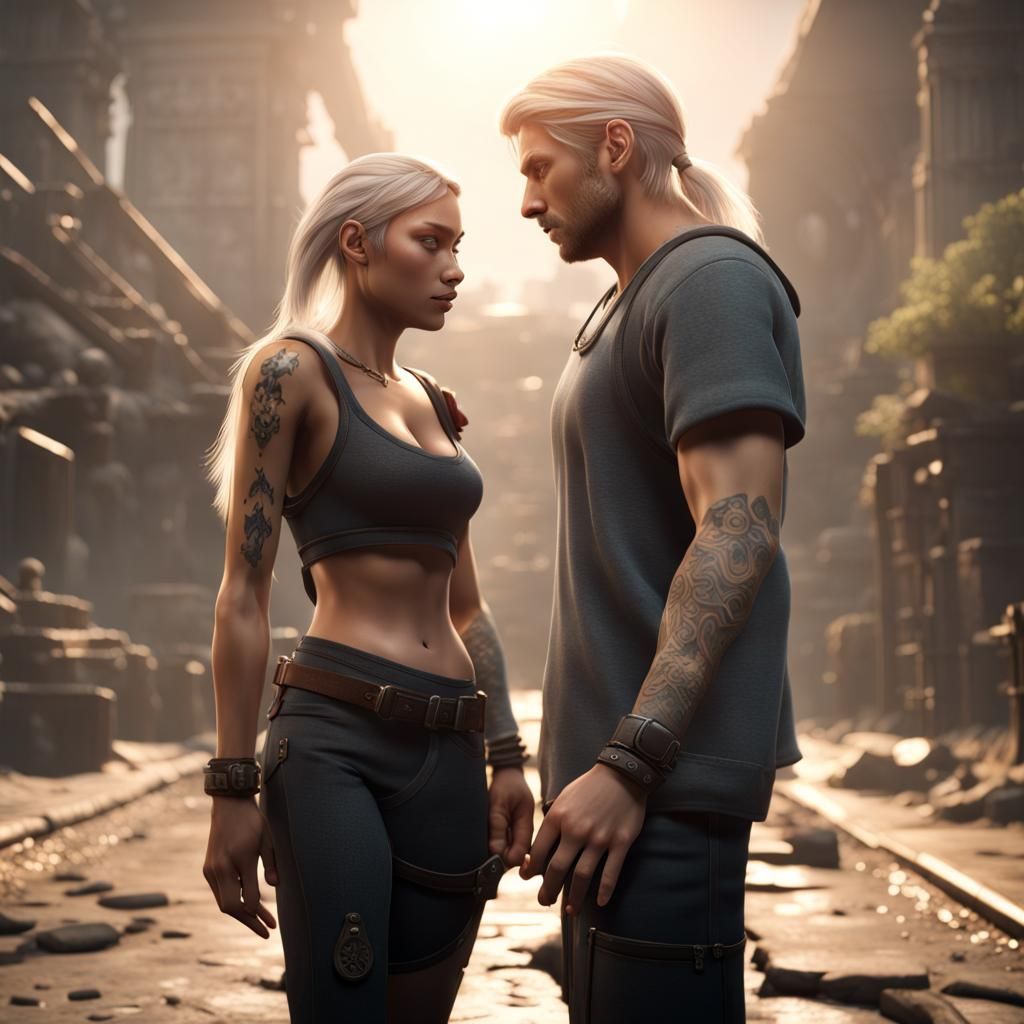 Touching Image of a Man and Blind Woman in 3D