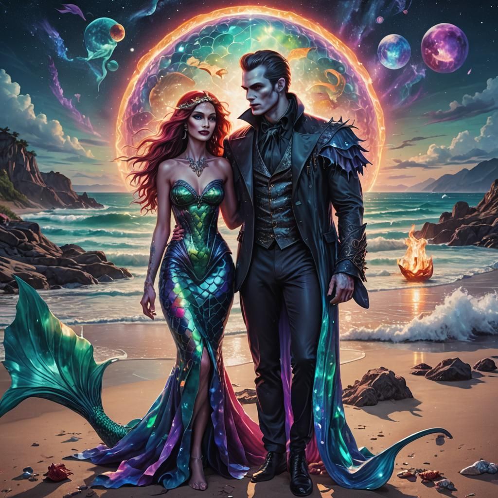 Vampire and Mermaid on the Beach in Holographic Style