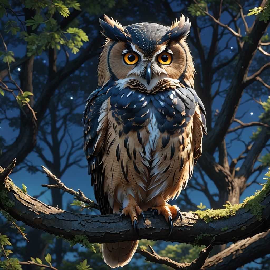 Fluffy Owl in Anime Style on Bioluminescent Branch