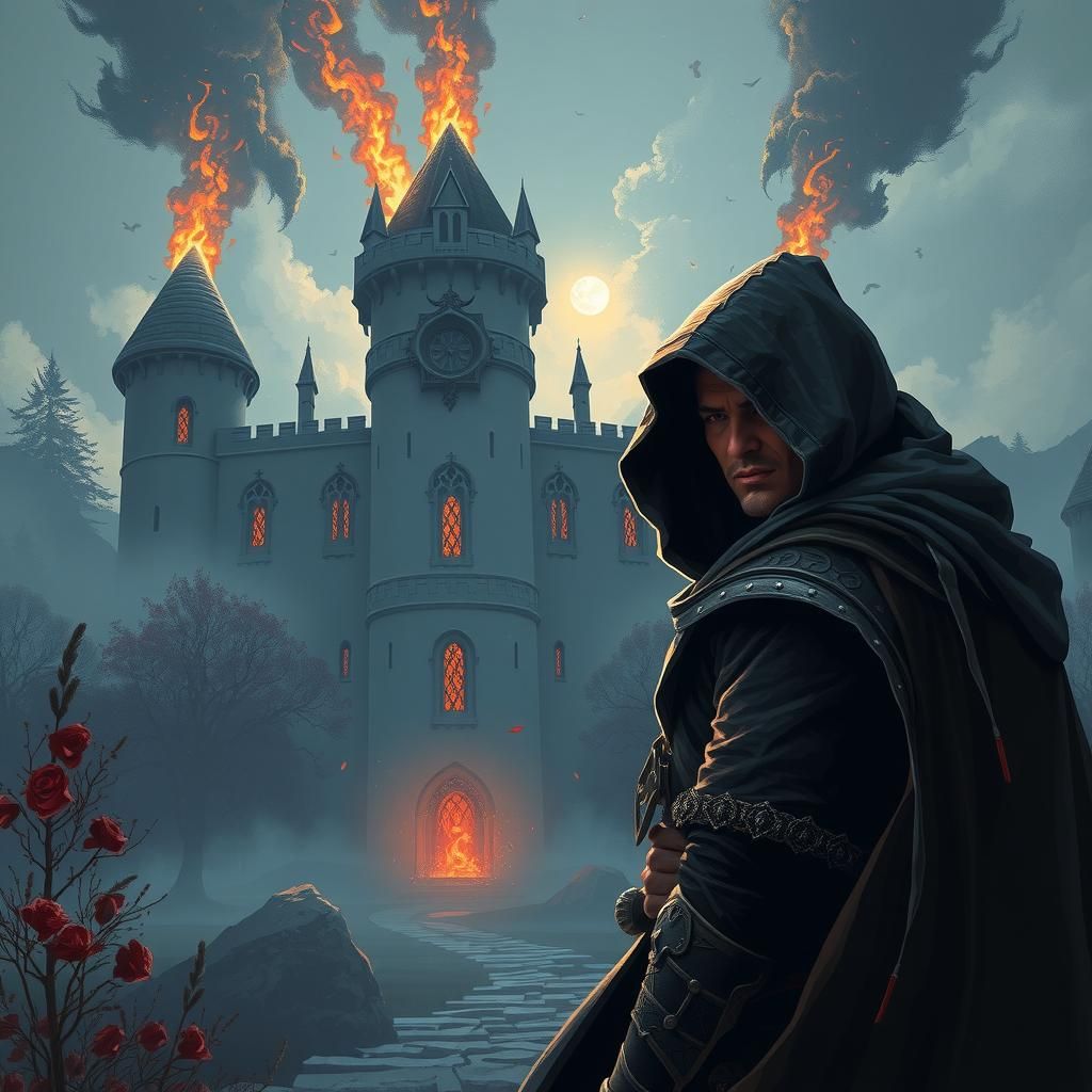 Hooded Figure Before a Flaming Castle: Fantasy Art