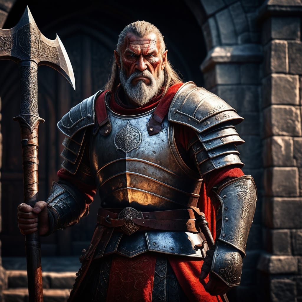 Medieval Warlord in Red Steel Armor