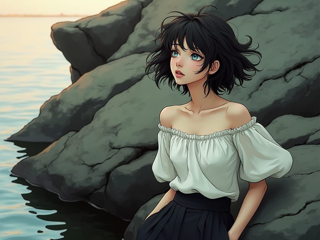 Woman Leaning on Rock by Water in Monet-Shinkai Style