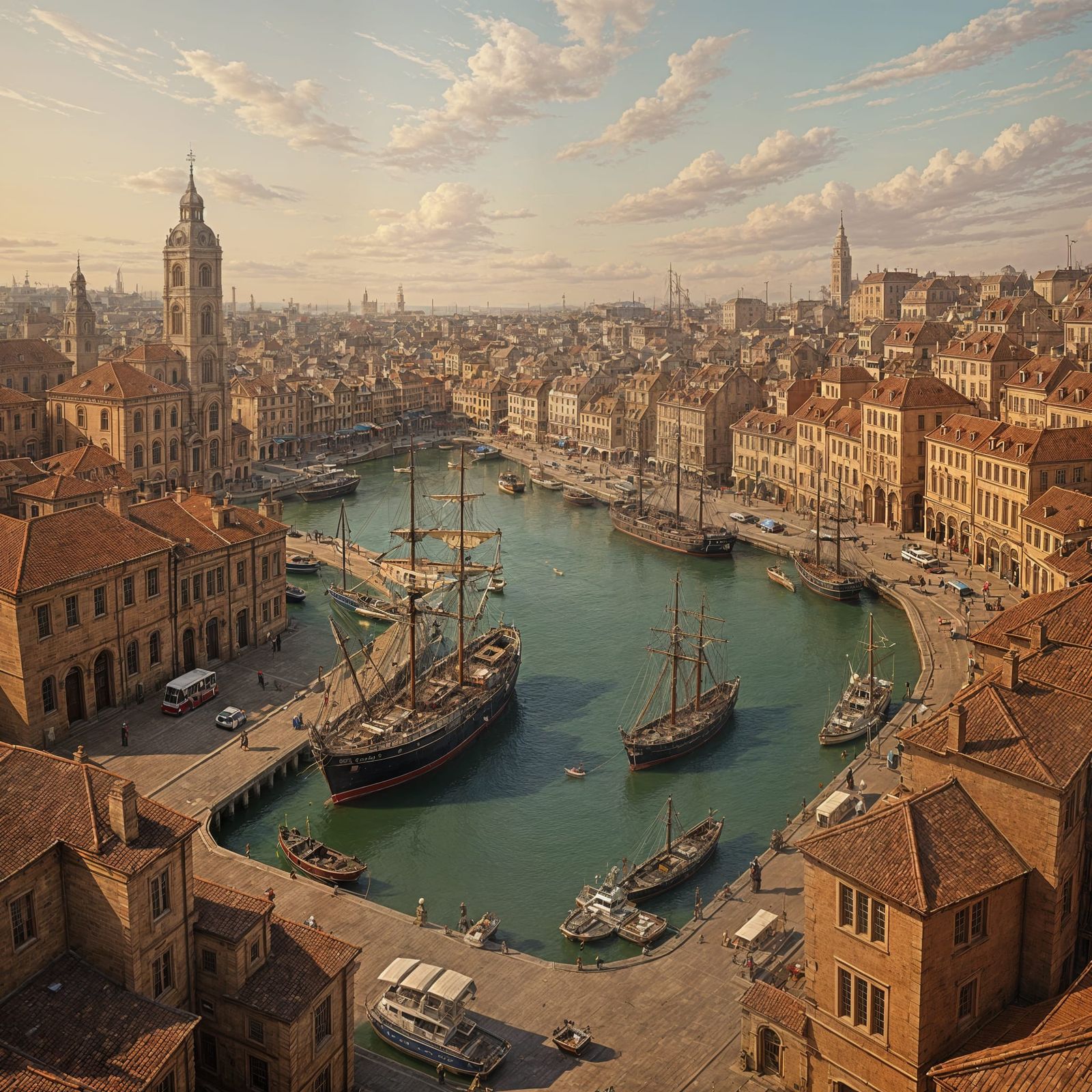 Elevated View of a Busy Vintage Harbor