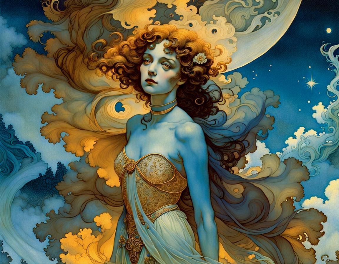 Ethereal Lady by Moonlit Lake in Golden Age Style