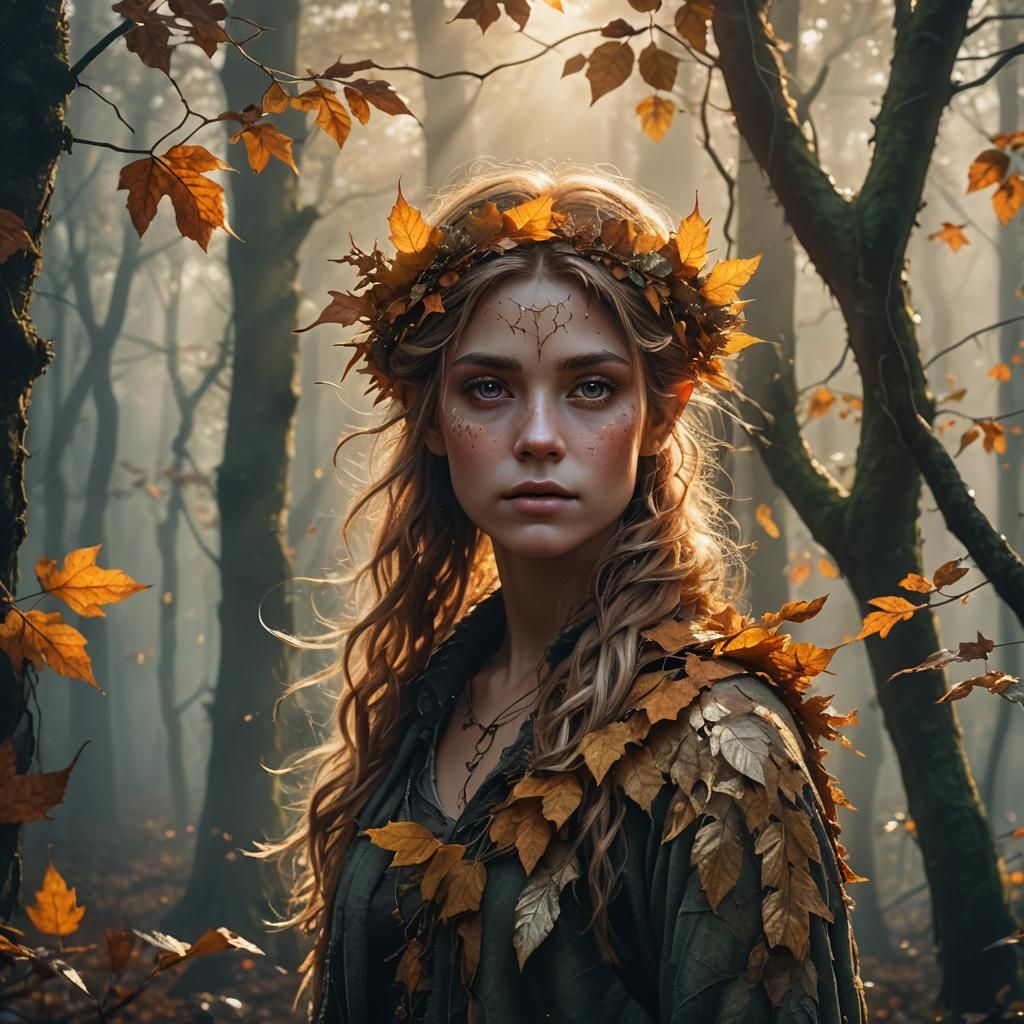 Autumn Fae in Misty Forest: Hyperrealistic Digital Art