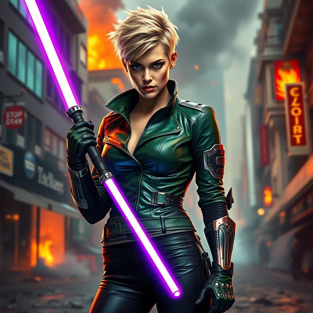 The leather jacket and lightsaber girl who came out to defen...