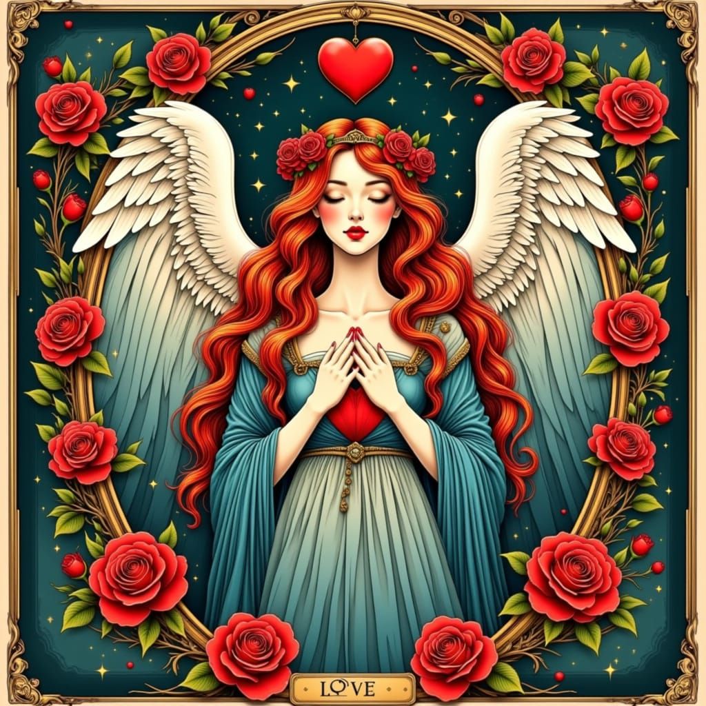 Neo-Traditional Tarot Card of Ethereal Woman with Red Hair