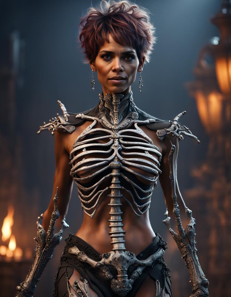 Halle Berry wearing Halloween skeleton costume
