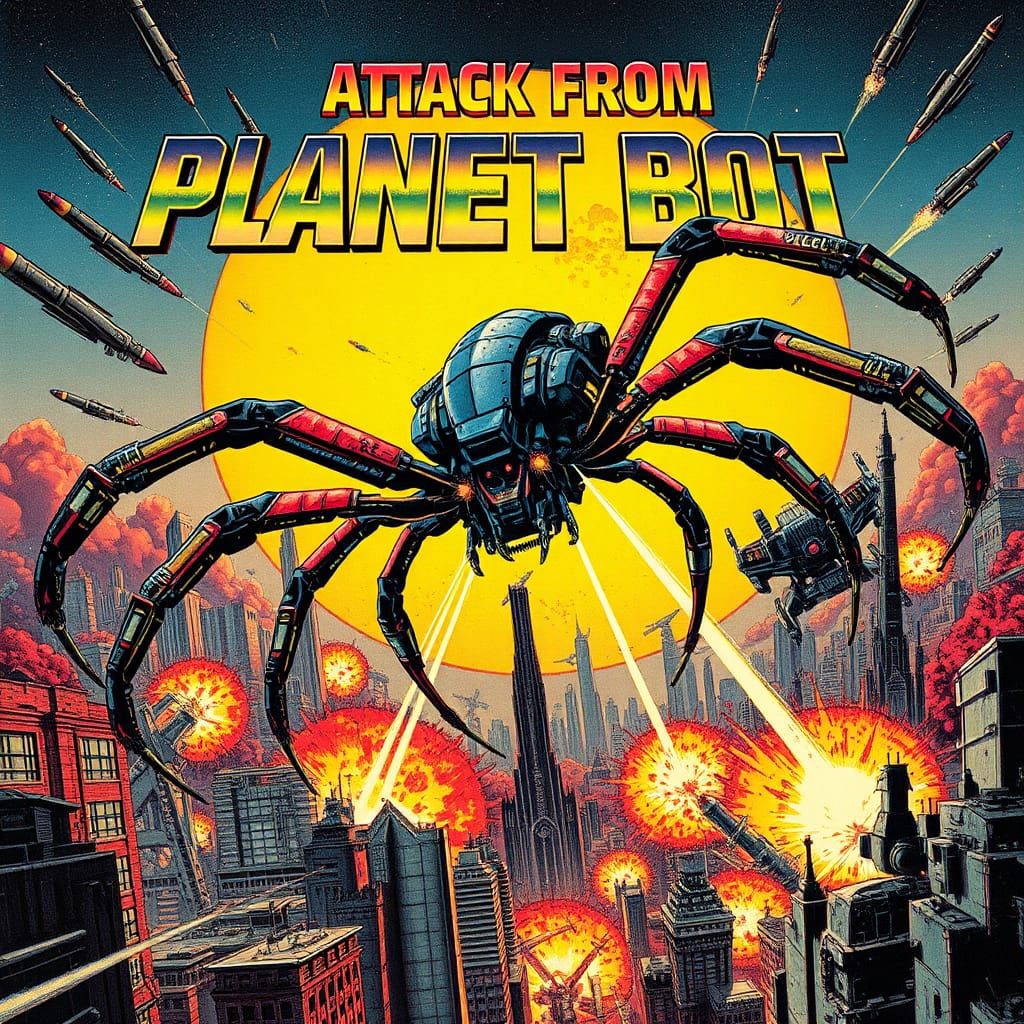Futuristic Spiderbot Attack on Cityscape in Sci-Fi Style