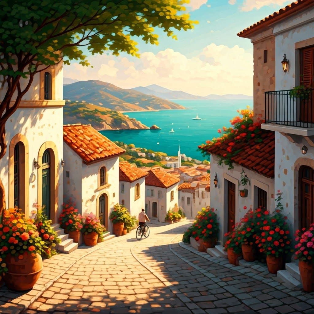 Mediterranean Village in Golden Light, Oil Painting