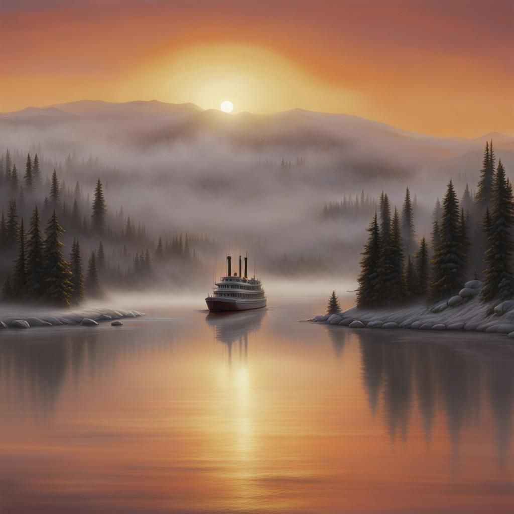 Steamboat Silhouetted at Sunset: a Matte Painting