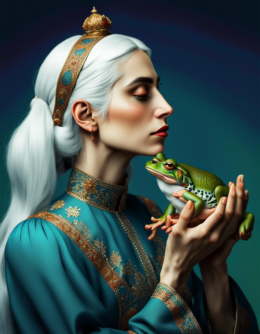 Young Woman Kissing Frog in Qajar Art Style