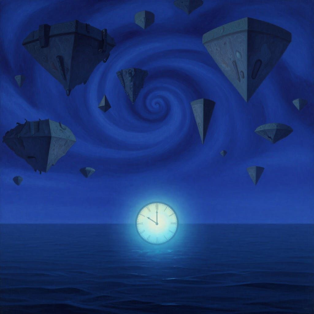 Surreal Ocean with Floating Islands and Cosmic Clock