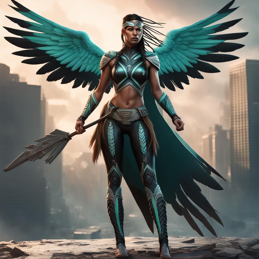 Native American Superheroine with Eagle Wings and Spear
