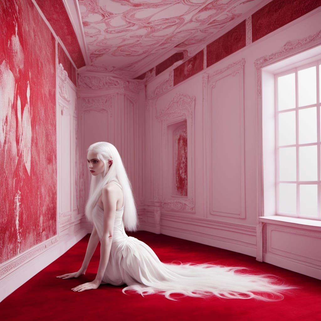 Ethereal Alabaster Goddess in a Haunting Red Chamber