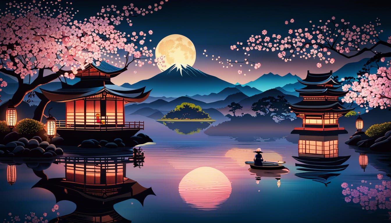 Mystical Serenity: Blossoms, Lanterns, and Mount Fuji's Moonlit Majesty