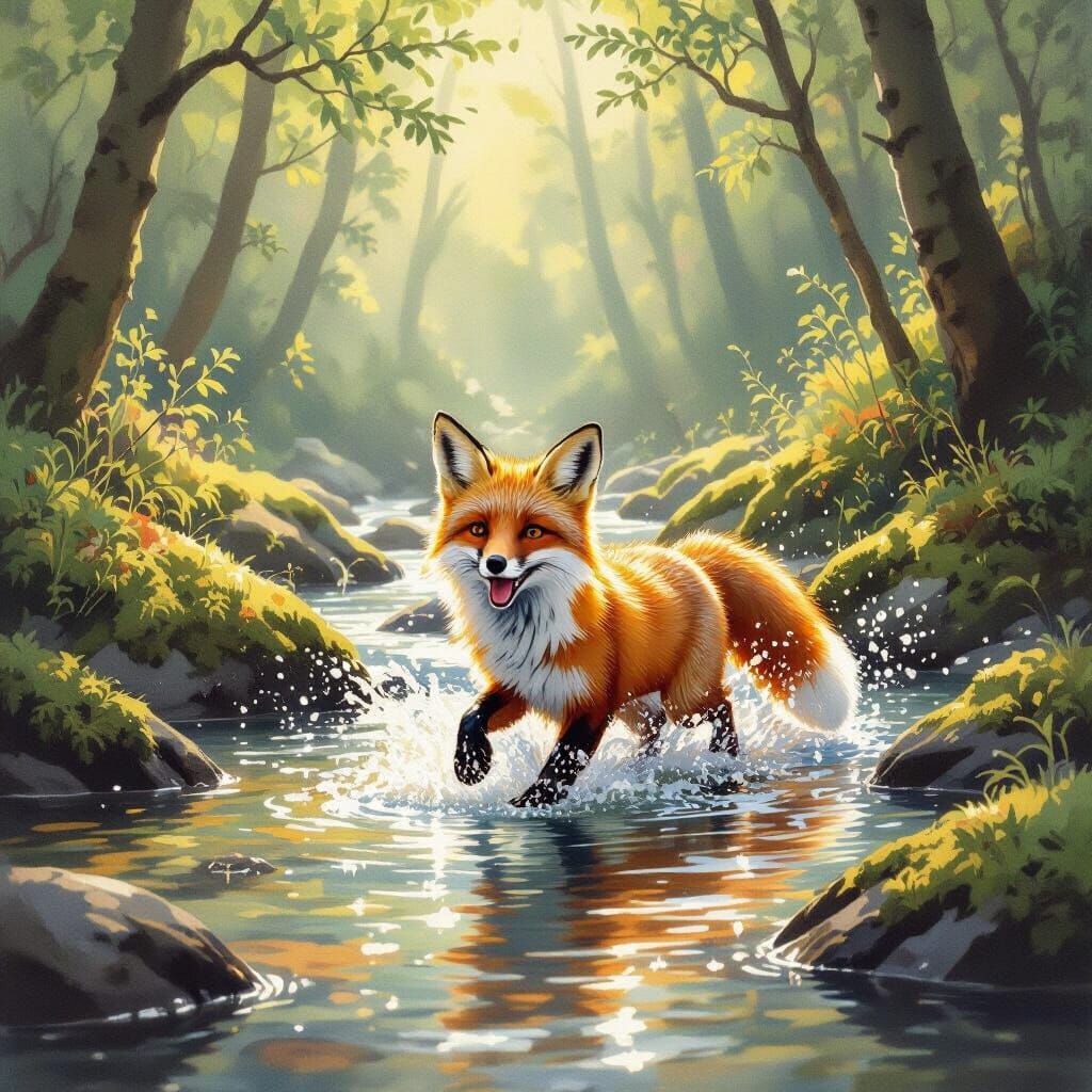 Vibrant Fox Splashes in Mountain Stream